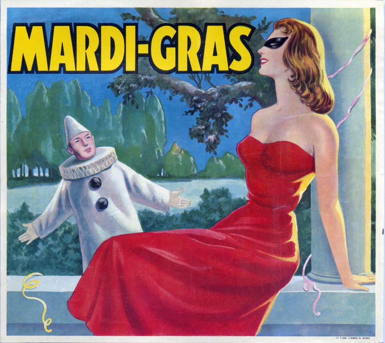 Illustration av en Mardi-Gras-fest (Mardi Gras) förklädnad med en pierrot och en maskerad kvinna. Reklam, Valencia, 1900-talet. av Spanish School