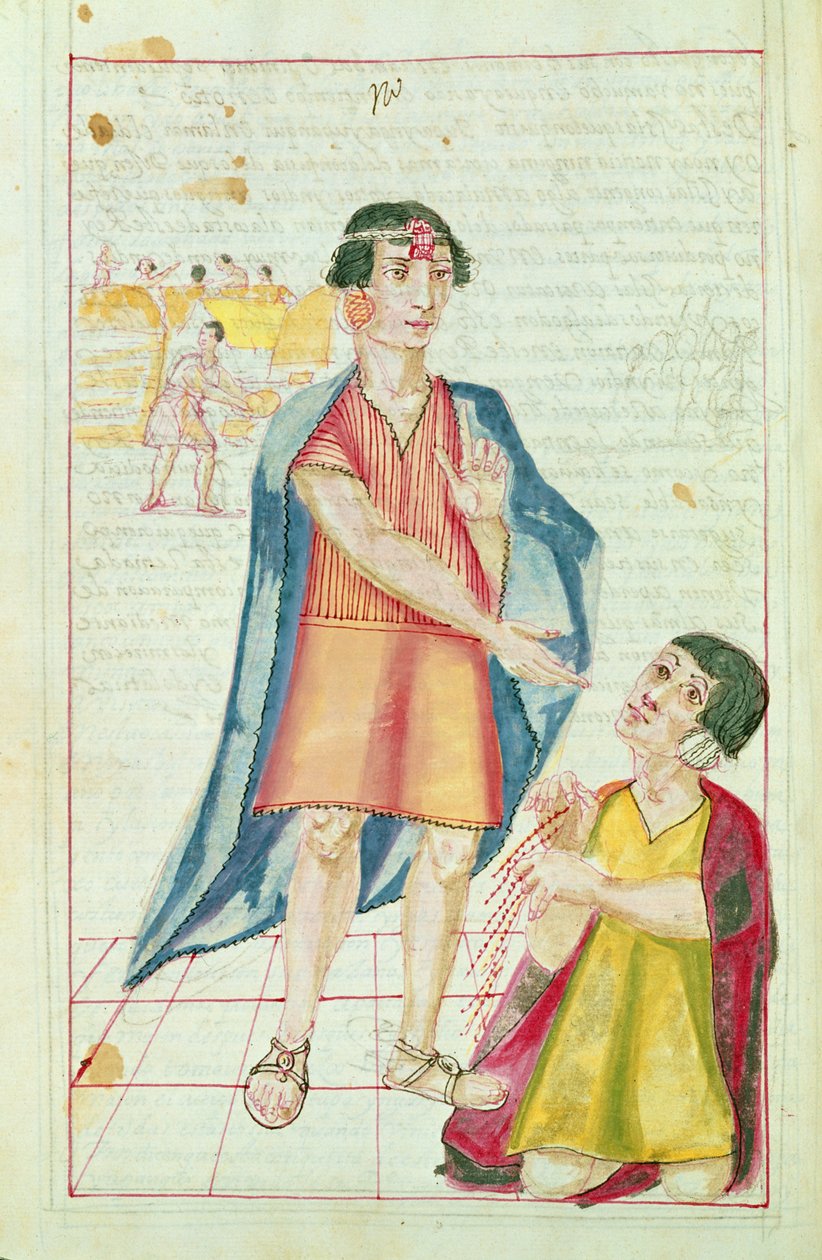 Illustration av en Quipu, från "Historia och kungliga genealogi av Inka-kungarna av Peru, deras gärningar, seder, kostymer och regeringssätt", känd som Codice Murua av Spanish School
