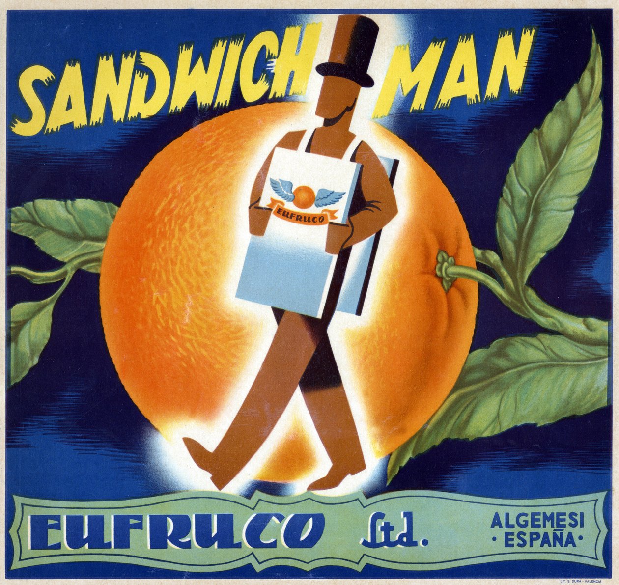 Illustration av en "man-smörgås". Etikett för apelsiner "" Eufruco"", Valencia, 1900-talet. av Spanish School