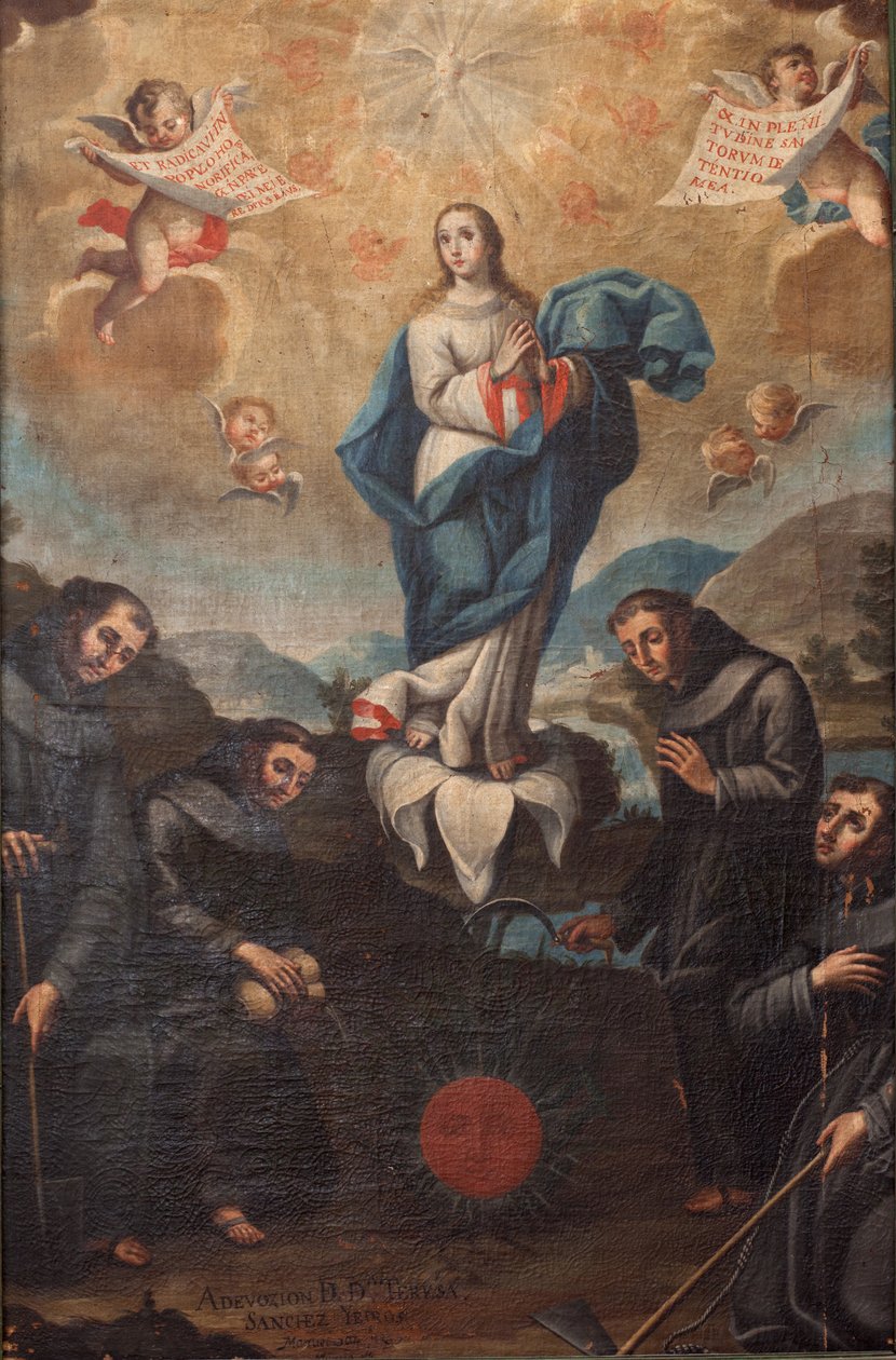 Obefläckad befruktning med trädgårdsfranciskaner. Körens ursprung. Signerad vänster nere "ADEVOZION DE DA TERESA, Sanchez Yepros ?". 1700-talet. Juan Sánchez. av Spanish School