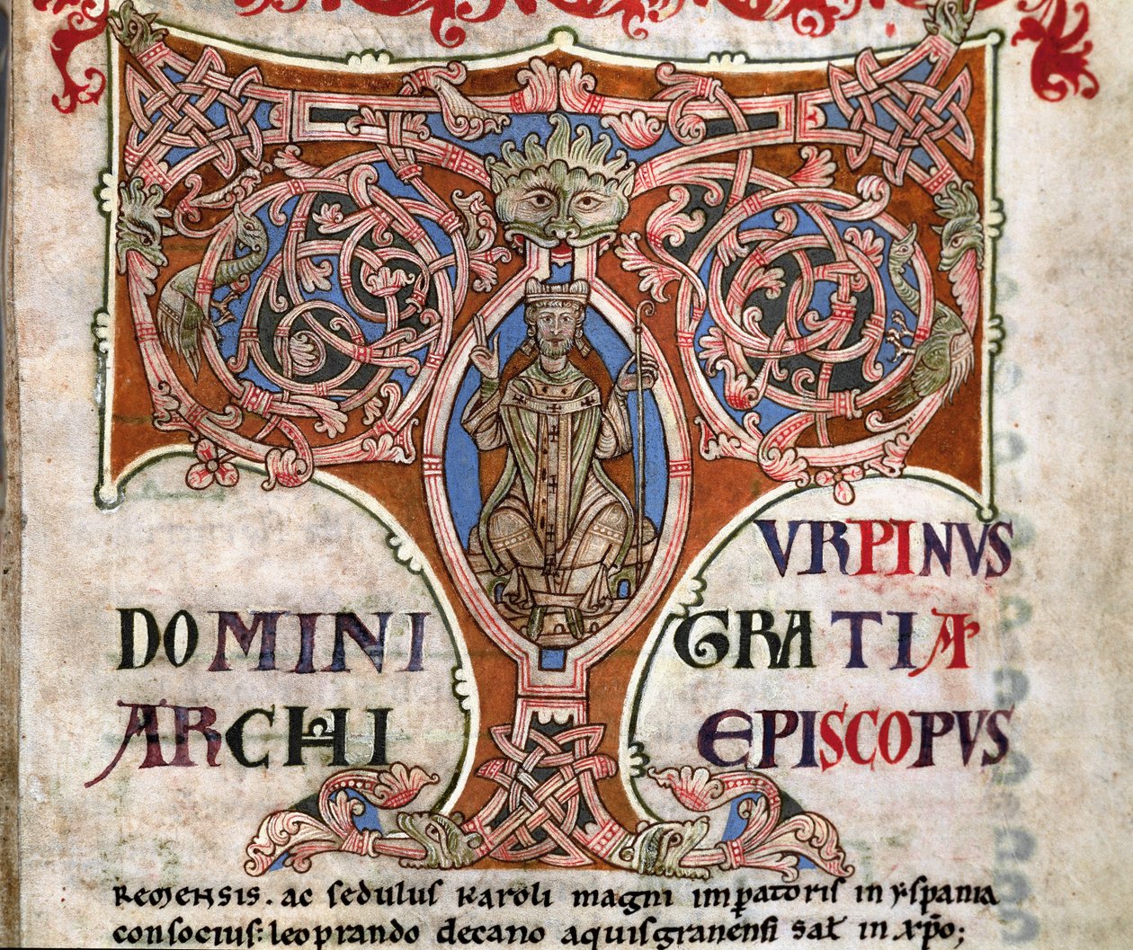 Initial T med en avbildning av Karl den Store, illustration från Codex Calixtinus, ca 1140 av Spanish School