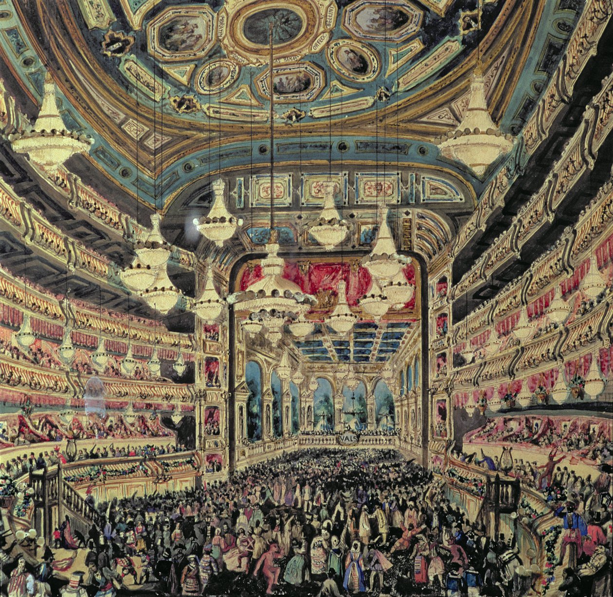 Interiörvy av "Great Lyceum" under en karneval före branden som förstörde teatern (olja på duk) av Spanish School