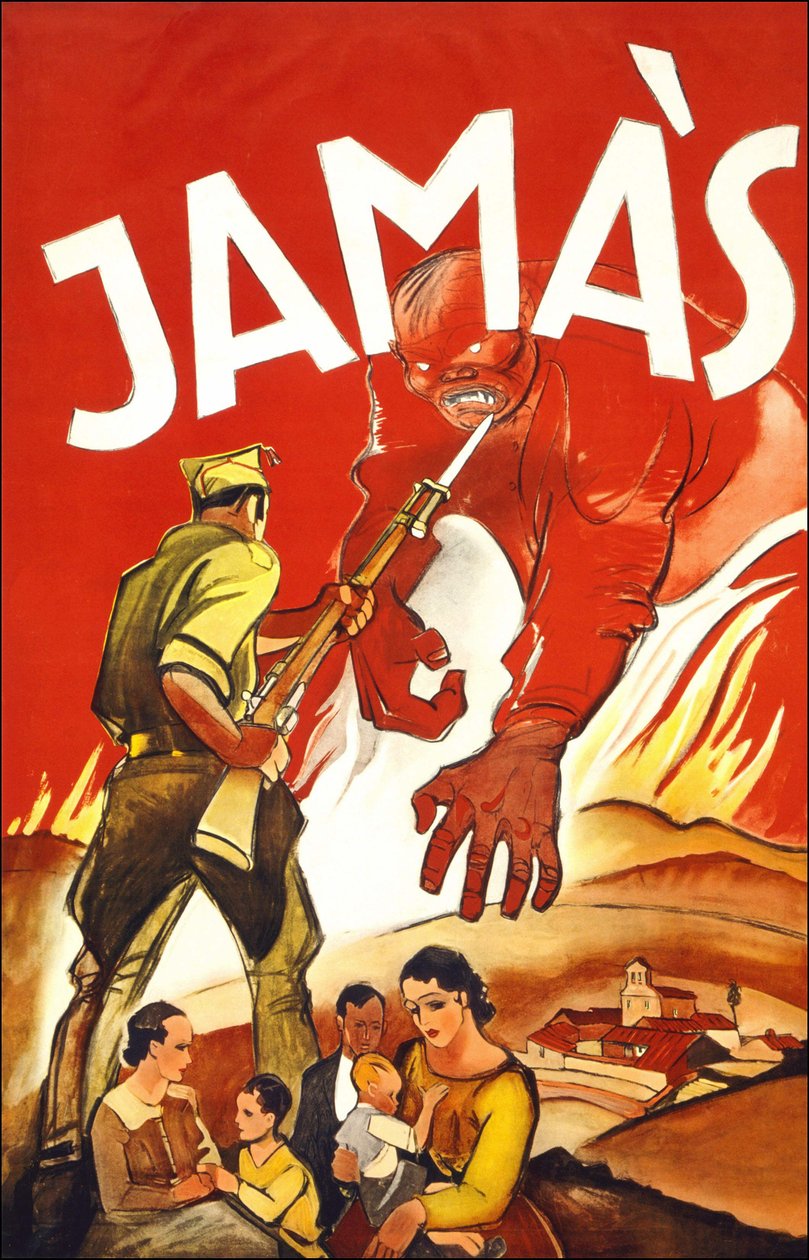 Jamàs ("Aldrig"), affisch publicerad under spanska kriget som visar en soldat som skyddar spanska familjer. Mellan 1936 och 1939. av Spanish School