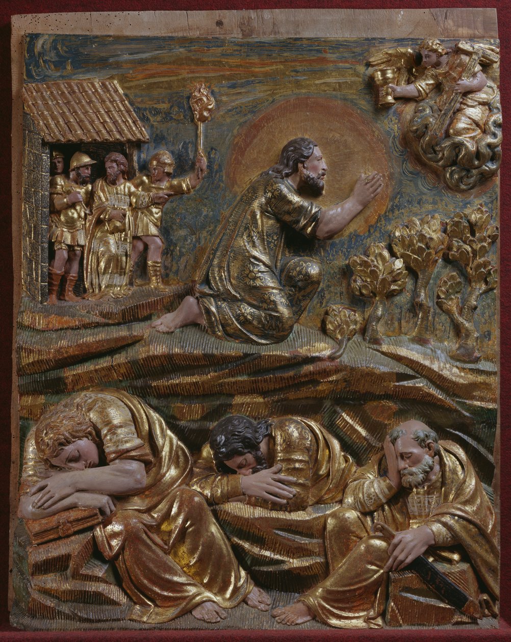 Jesus i Getsemane trädgård, detalj av en renässansaltartavla (målat och förgyllt trä) av Spanish School