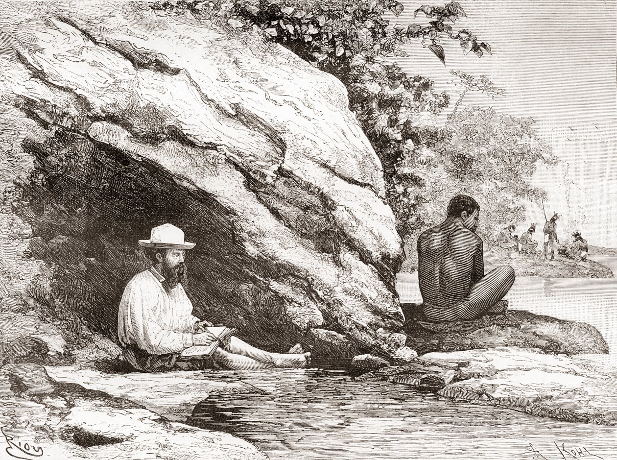 Jules Crevaux, under sin utforskning av Franska Guyana 1878, i skuggan av en sten på stranden av floden Oyapock eller Oiapoque av Spanish School
