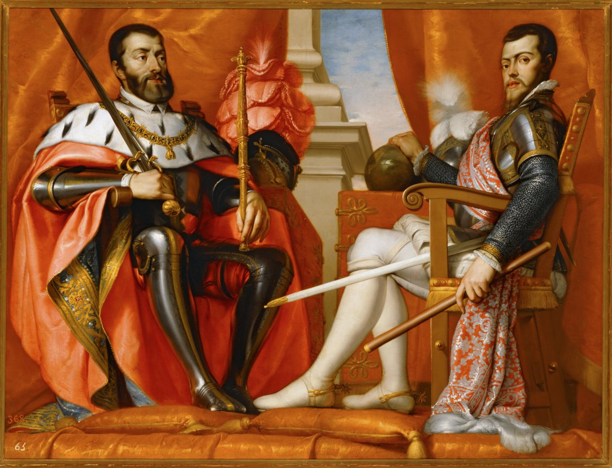 Karl V med sin son Philipp II ... (målning på duk) av Spanish School