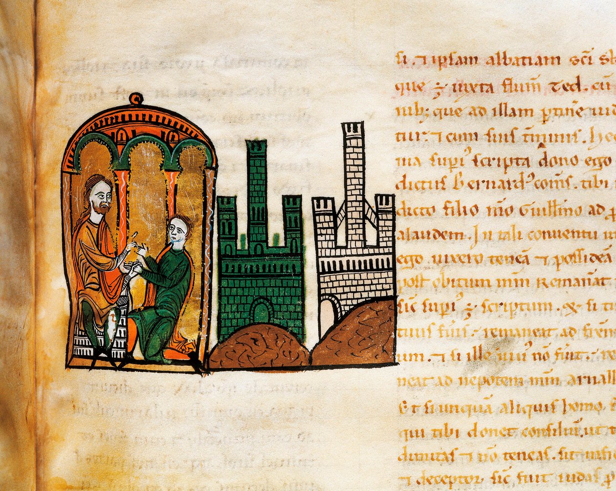Kung Alfonso II av Aragon tar emot en hovman, från manuskriptet "Liber Feudorum Maior" av Spanish School