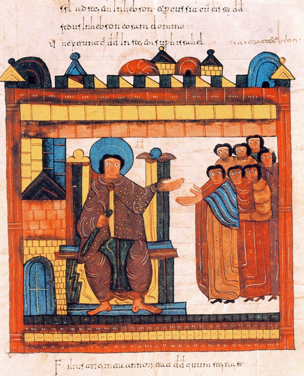 Kung David satt på sin tron och omgiven av sitt hov, från St. Isidores visigotisk-mozarabiska bibel, fol.126r., A.D. 960 (tempera på vellum) av Spanish School