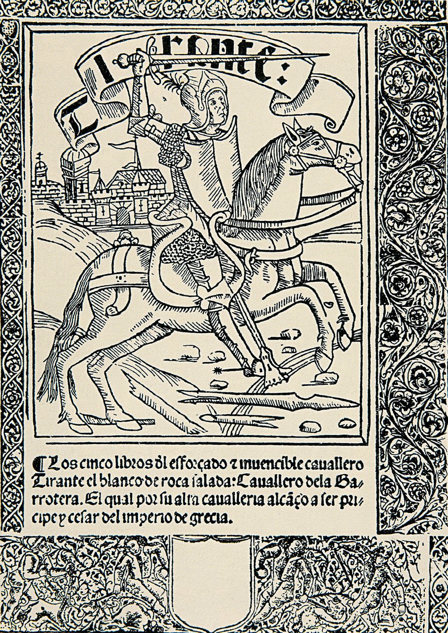 Riddare på sitt berg, Frontispice av det spanska verket Tirant lo Blanc av Joanot MARTORELL (1413-1468) av Spanish School
