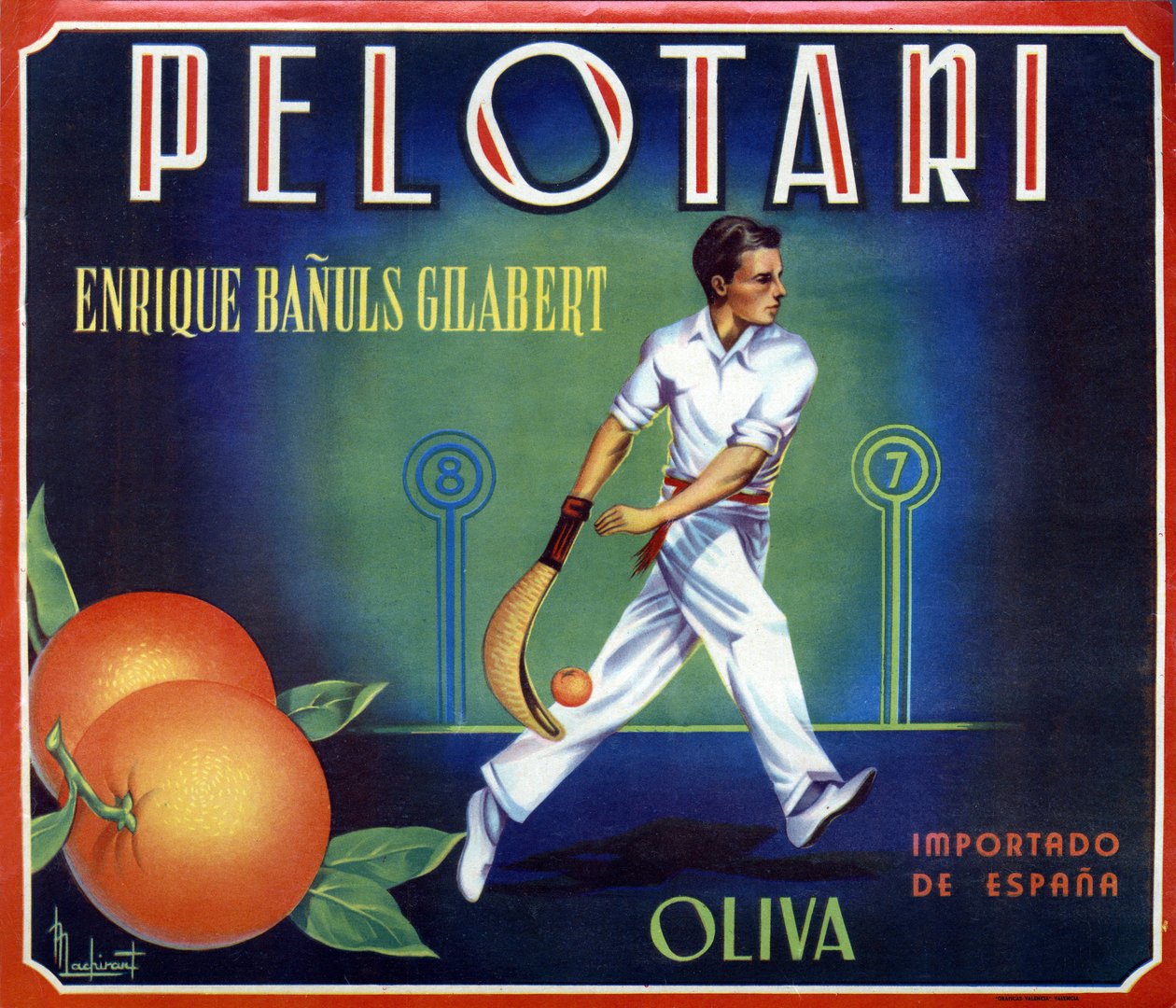 Etikett för apelsiner "" Pelotari"" tillverkad av Oliva i Valencia, Spanien. Illustration av en baskisk bollspelare, 1900-talet. av Spanish School