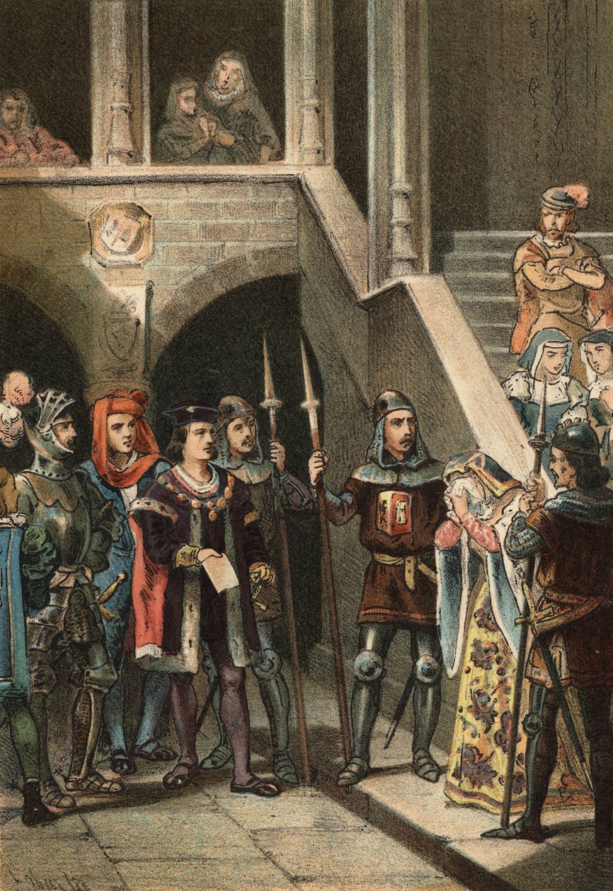 Leonor de Guzman, kung Alfons XI:s favorit, stoppades och avrättades av Don Alfonso Fernandez de Olmedo, under order av drottning Mary av Portugal, på 1300-talet. i "" Skönhetskulten"" av John Just Huguet, Mills Brothers förlag av Spanish School