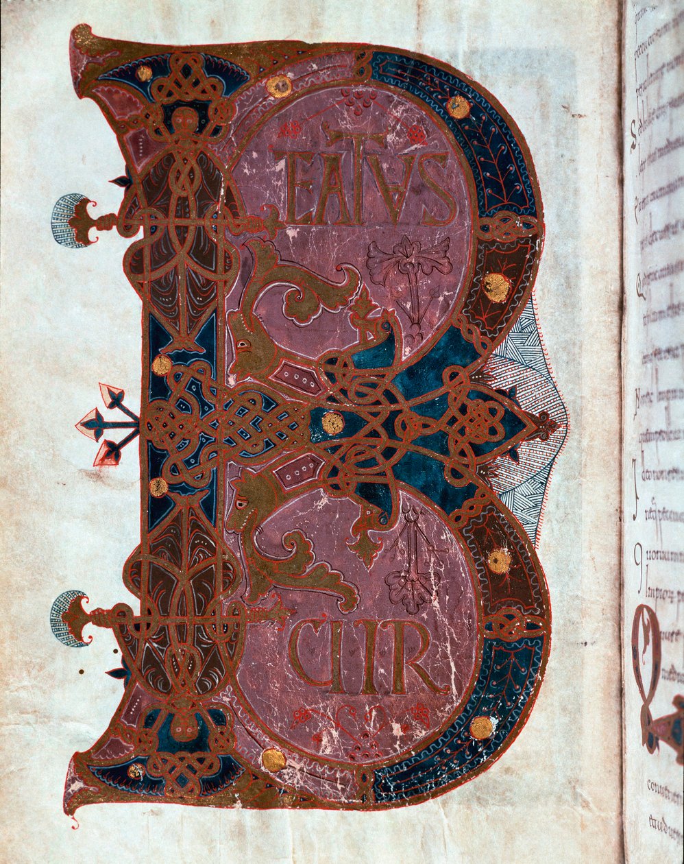 Lettrine B (Beatus). Miniatyr hämtad från "" Timmarnas bok av Ferdinand I (Fernando I de Leon y Castilla av Spanish School