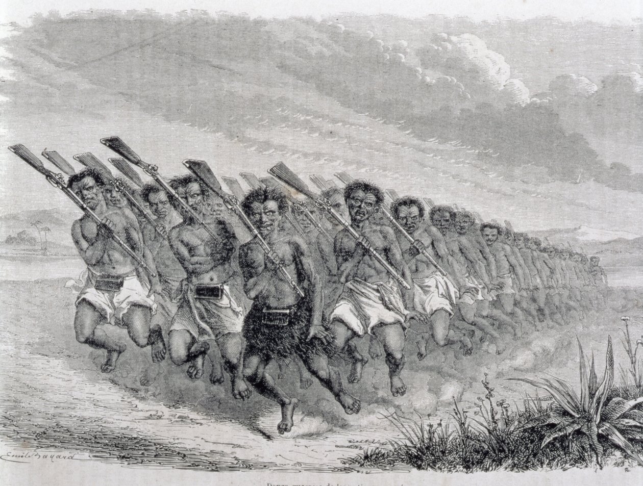 Maori Warriors Performing a War Dance, illustration från "The Return to the World" (gravyr) av Spanish School