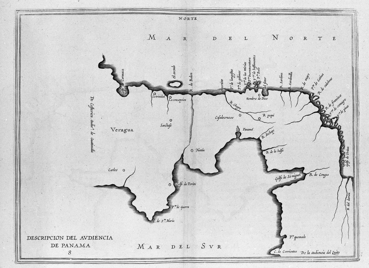 Karta över Centralamerika (Panama) från en spansk volym av resor från början av 1600-talet. Kartan är orienterad på det antika läget (nordöst till öst) och Atlanten kallas Nordsjön och Stilla havet. av Spanish School