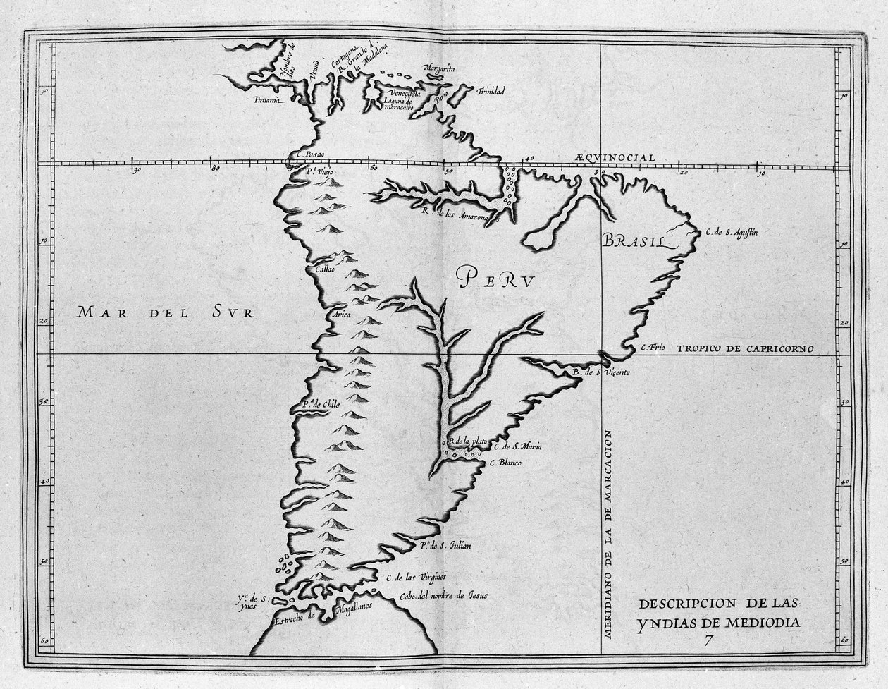 Karta över Meridionale America (Sydamerika eller Latinamerika) från en spansk volym av resor från början av 1600-talet. Stilla havet kallas Söderhavet och länderna Peru och Brasilien heter liksom ekvatorlinjen och av Spanish School