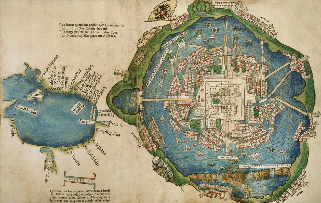 Karta över Tenochtitlan och Mexikanska golfen, från Praeclara Ferdinadi Cortesii de Nova maris Oceani Hyspania Narratio av Hernando Cortes (1485-1547) 1524 av Spanish School