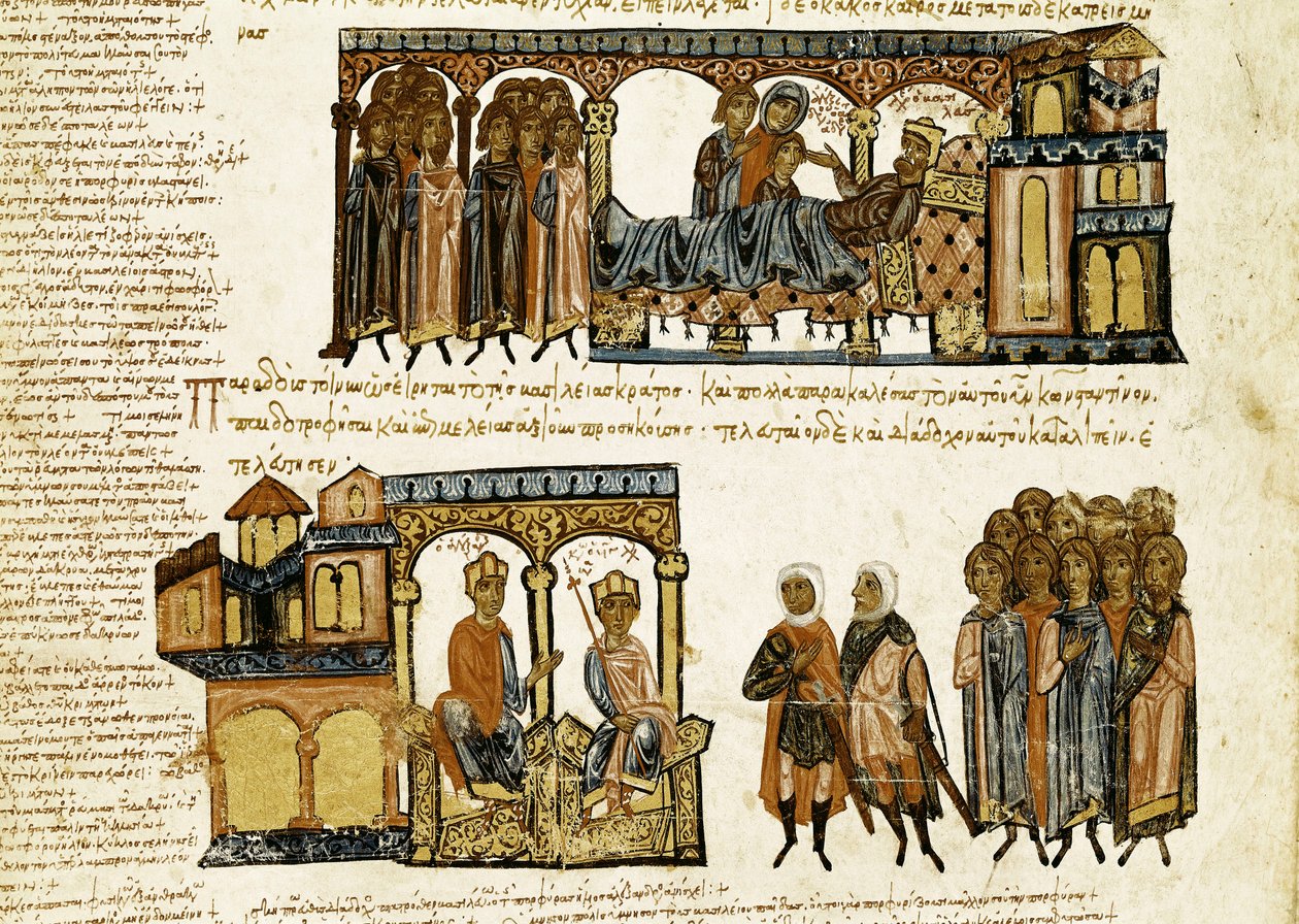 Miniatyr från "Synopsis historiarum" eller "Byzantine Chronicles" (Historier om de bysantinska kungarna och händelser från 811 till 1057) av John (Johannes eller John) Scylitza (eller Skylitzes eller Scylitzae) (11-1100-talet) av Spanish School