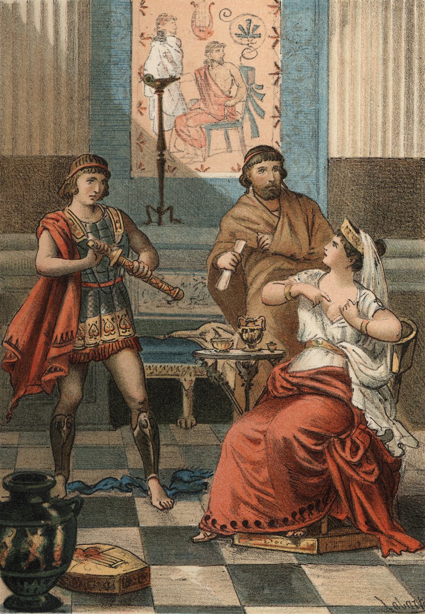 Monime, drottningen av Ponten bad på order av sin man Mithridate VI Eupator att hon skulle dödas för att inte falla i händerna på romarna (72 f.Kr.). i "The Cult of Beauty" av John Just Huguet, Mill Brothers förlag av Spanish School
