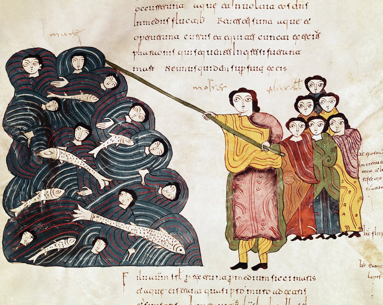 Moses, efter att ha fört Israels folk över Röda havet, såg egyptierna drunkna. Miniatyr från en mozarabisk bibel. 900-talet. Leon. Bibliotek för Royal Collegiale of Saint Isidore. av Spanish School