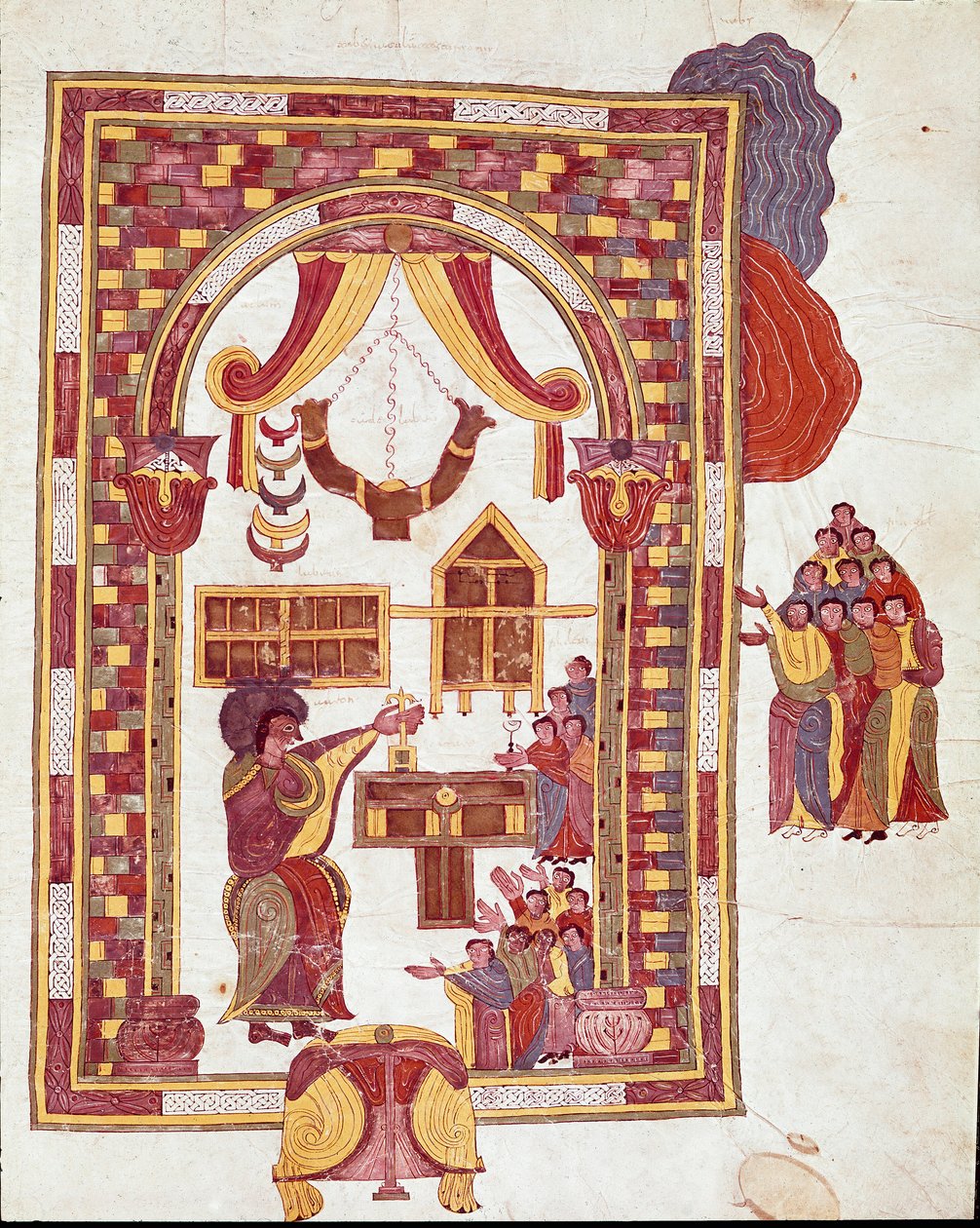 Mozarabisk konst: "" Jerusalems tempel, Aron representeras som en överstepräst framför ett altare." Miniatyr från en mozarabisk bibel. 900-talet. Leon. Bibliotek för Royal Collegiale of Saint Isidore. Spanien av Spanish School