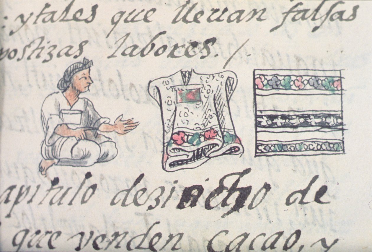 Fru Palat. 218-220 Bok IX En aztekisk köpman som säljer kappor, från den florentinska kodeksen av Bernardino de Sahagun, ca 1540-85 av Spanish School