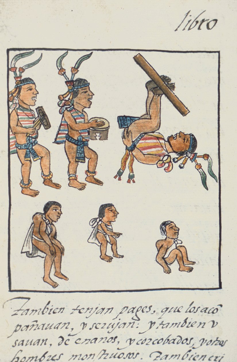 Fru Palat. 218-220 Bok IX Aztekiska underhållare, musiker, jonglörer och puckelryggar, från den florentinska kodeksen av Bernardino de Sahagun, ca 1540-85 av Spanish School
