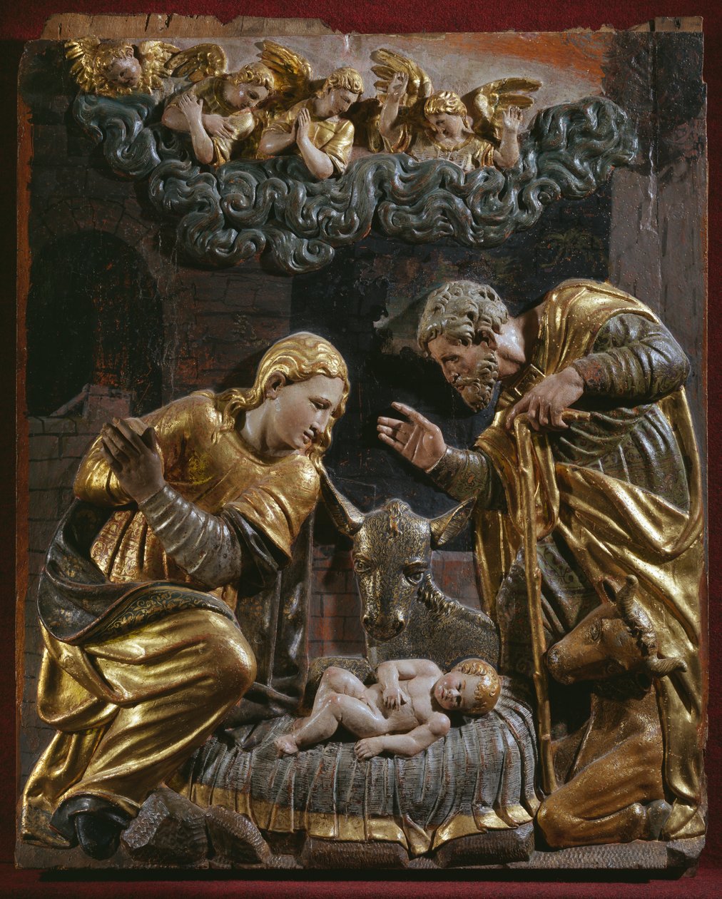 Nativity, detalj av en renässansaltartavla (målat och förgyllt trä) av Spanish School