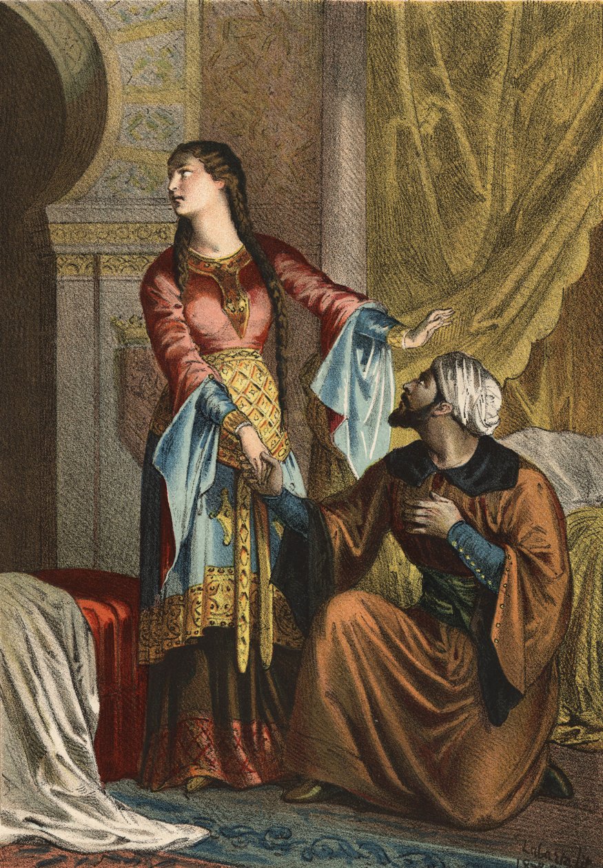 Omar, muslimsk prins, avger en kärleksförklaring till Sancha Ona, grevinnan av Kastilien. i "The Cult of Beauty"" av Juan Justo Huguet, Molinas Hermanos redaktör av Spanish School