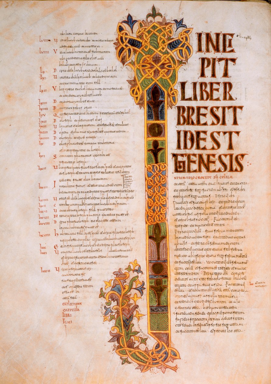 Inledningssida i Första Moseboken med versal I från början av Bibeln, In Principio creavit Deus caelum, från St. Isidores visigotisk-mozarabiska bibel, fol.14v., A.D. 960 (tempera o av Spanish School