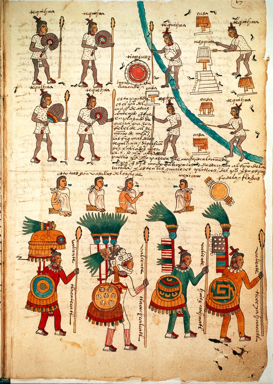 Sida från Codex Mendoza som visar aztekiska krigare beväpnade med spjut och sköldar, ca 1541-42 (penna och bläck på papper) av Spanish School