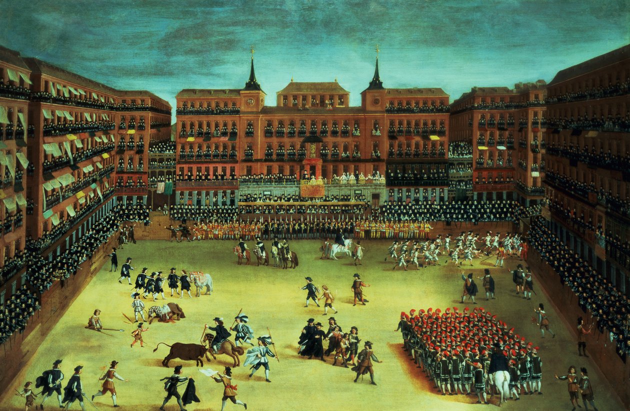Panorama över en fiesta på Plaza Mayor i Madrid av Spanish School