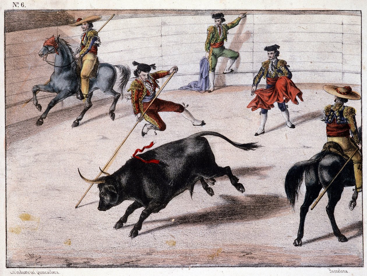 Abborrehopp, tjurfäktning i Spanien, spansk litografi, sd. 1800-talet av Spanish School