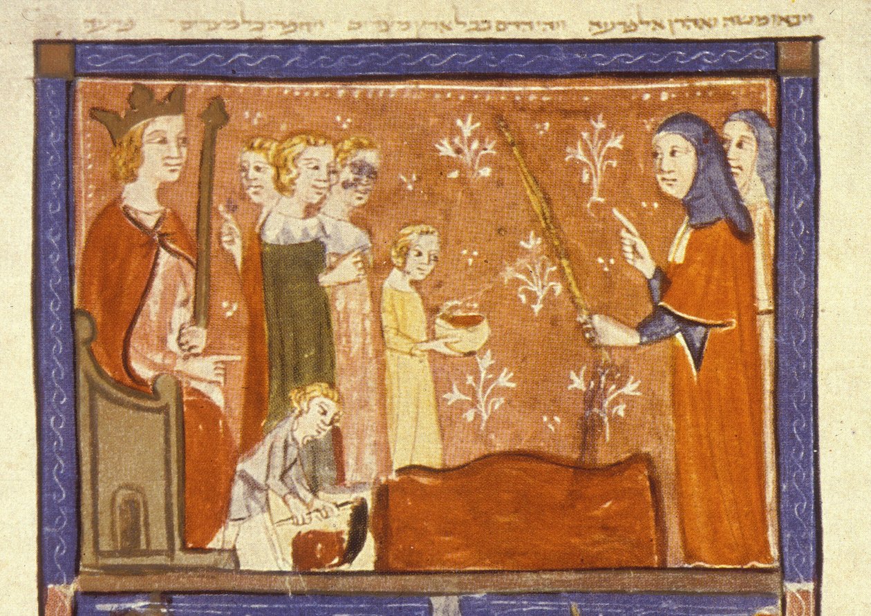 Blodsplågan, den första av Egyptens tio plågor, illustration från Sarajevo Haggadah av Spanish School