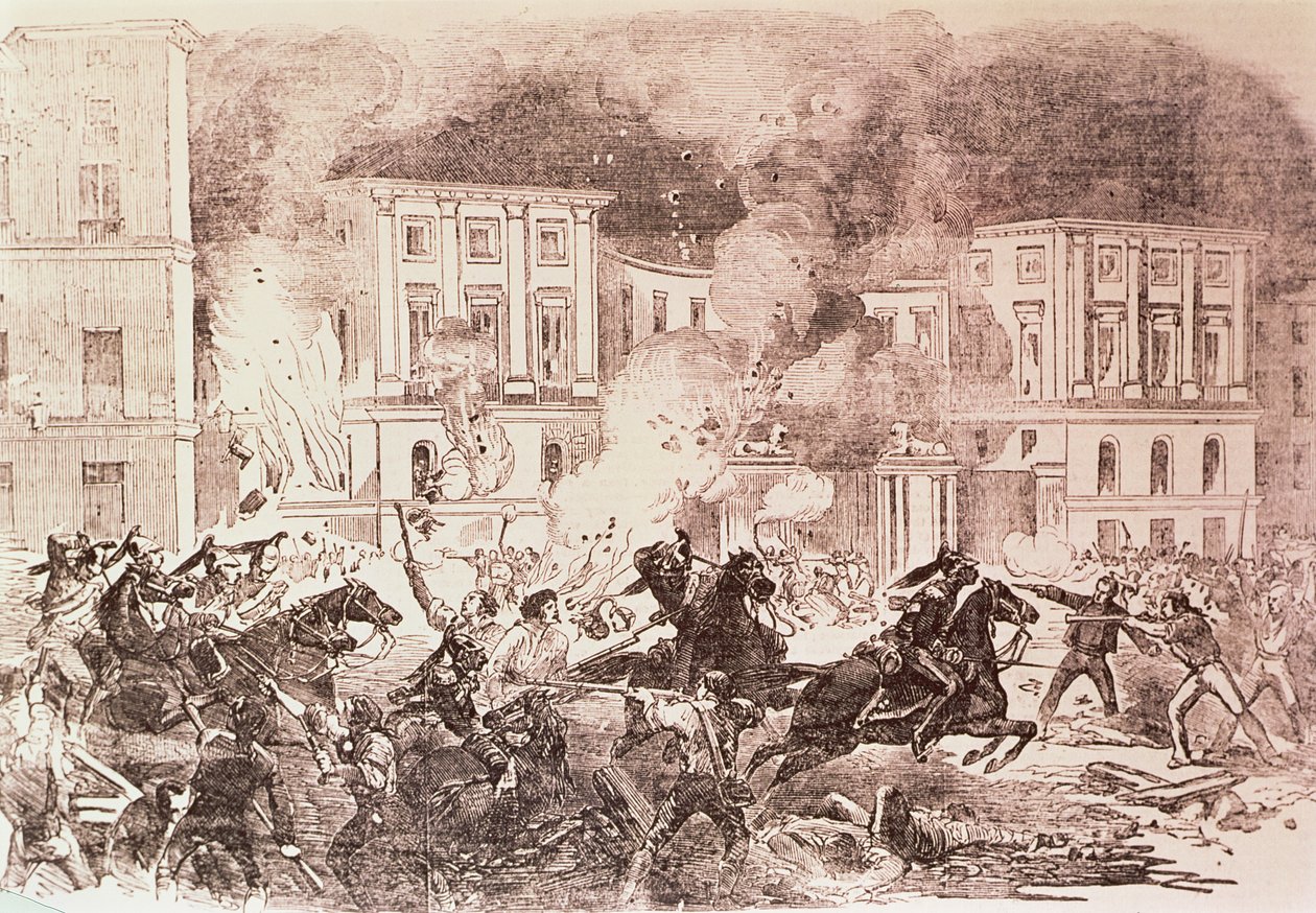 Populistiska uppror i Madrid, The Rioters försöker sätta eld på drottning Maria Christinas palats 1854 (litho) av Spanish School