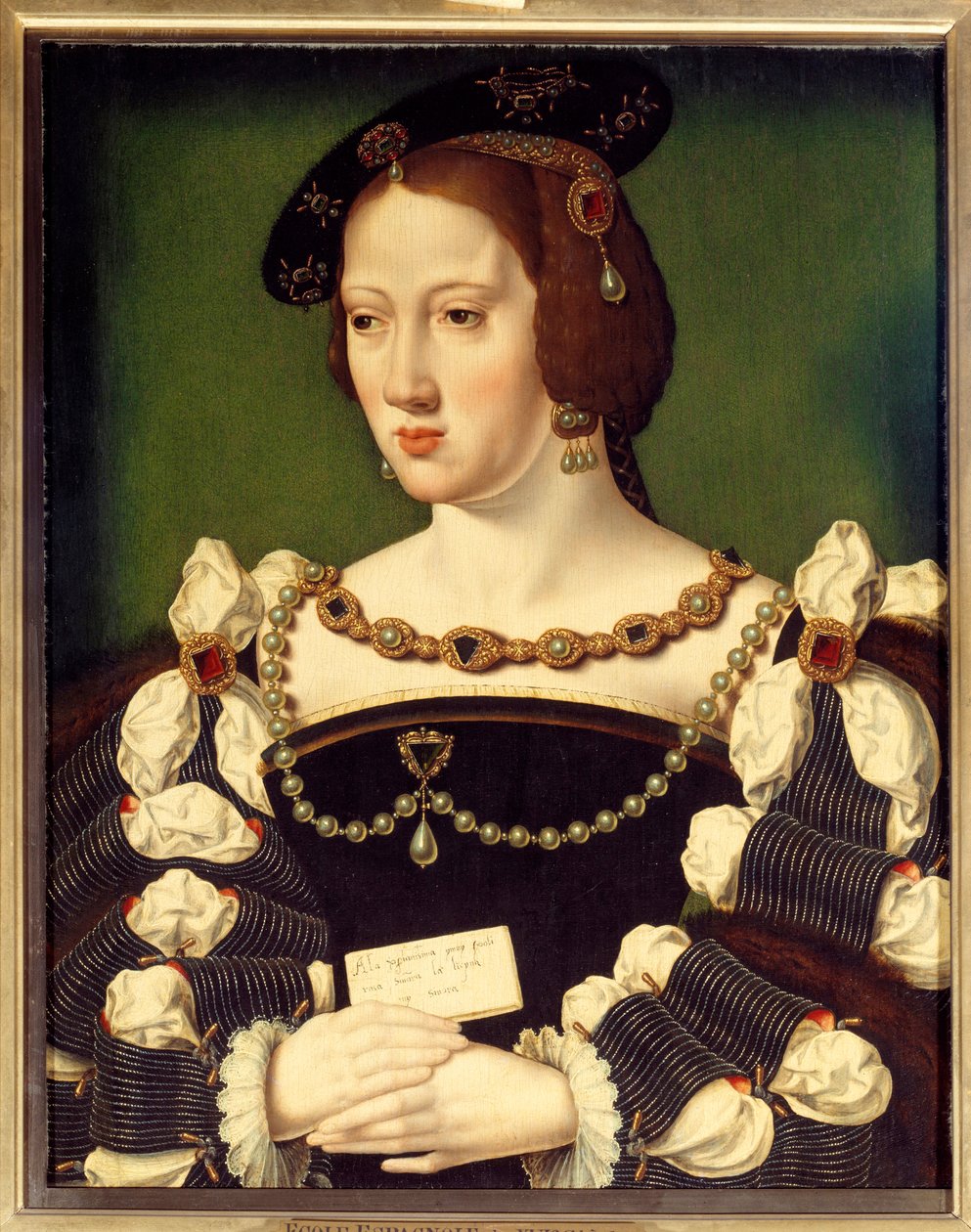 Porträtt av Eleonore av Habsburg, ärkehertiginna av Österrike (1498-1558) drottning av Frankrike, fru till kungen av Frankrike Francois I Målning av den spanska skolan. 1500-talet. Chantilly, Conde Museum av Spanish School