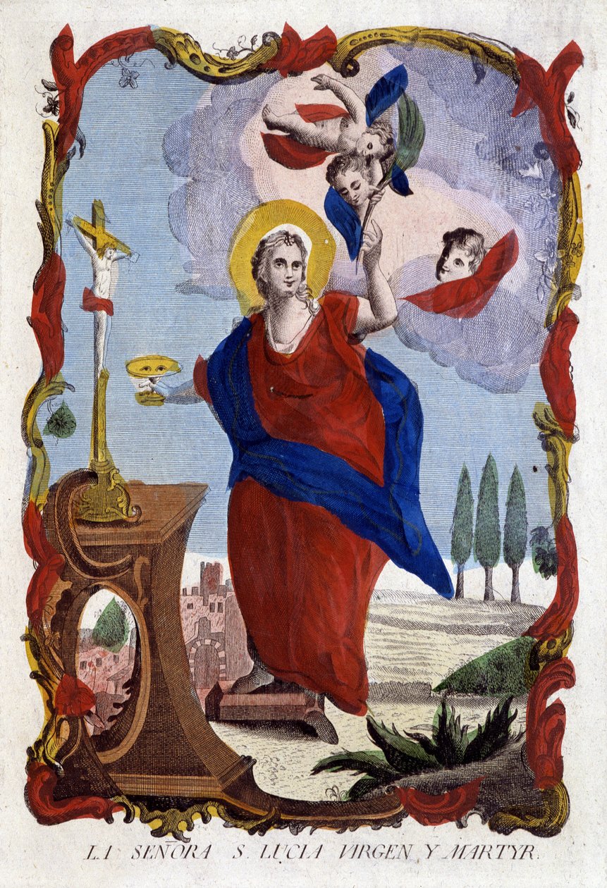 Porträtt av Saint Lucia (ögon på en lägenhet och handflatan av martyr) - spansk gravyr av Spanish School