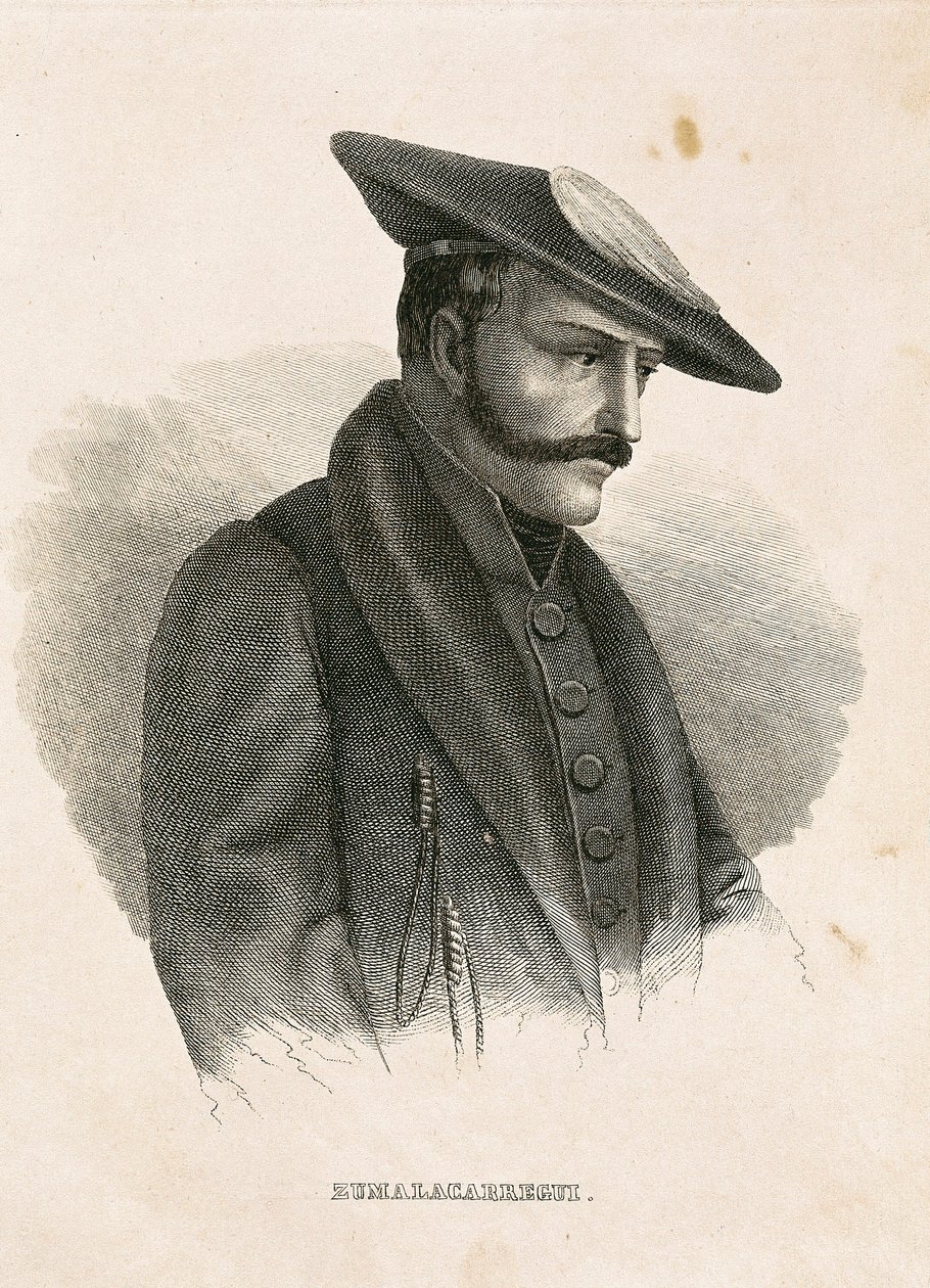 Porträtt av Tomas ZUMALACARREGUI (1788-1835), karaktär från den spanska kampanjen eller frihetskriget och första carlistkriget (gravyr) av Spanish School
