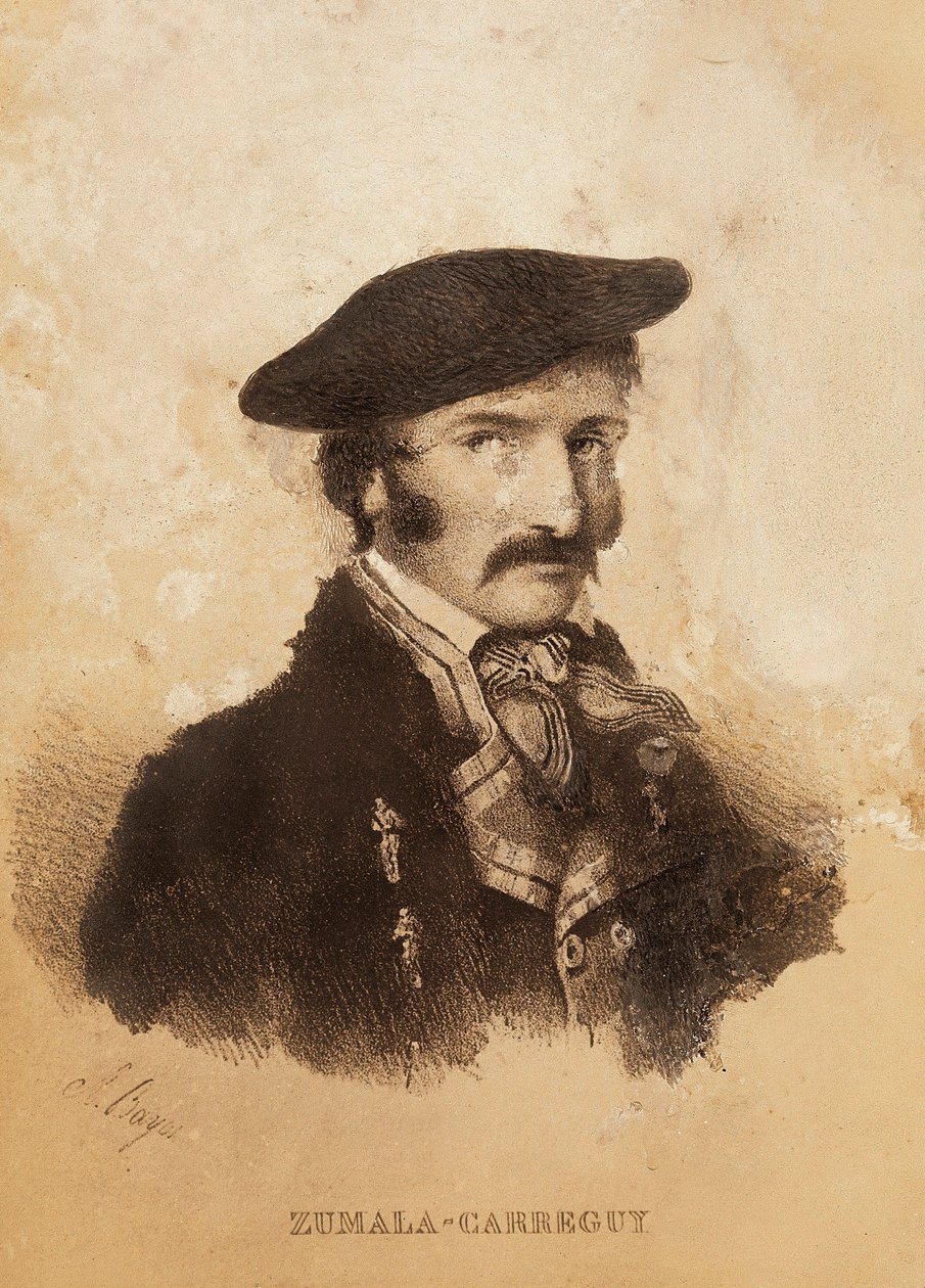 Porträtt av Tomas ZumalaCarregui (1788-1835), karaktär från den spanska kampanjen eller frihetskriget och första carlistkriget (gravyr) av Spanish School