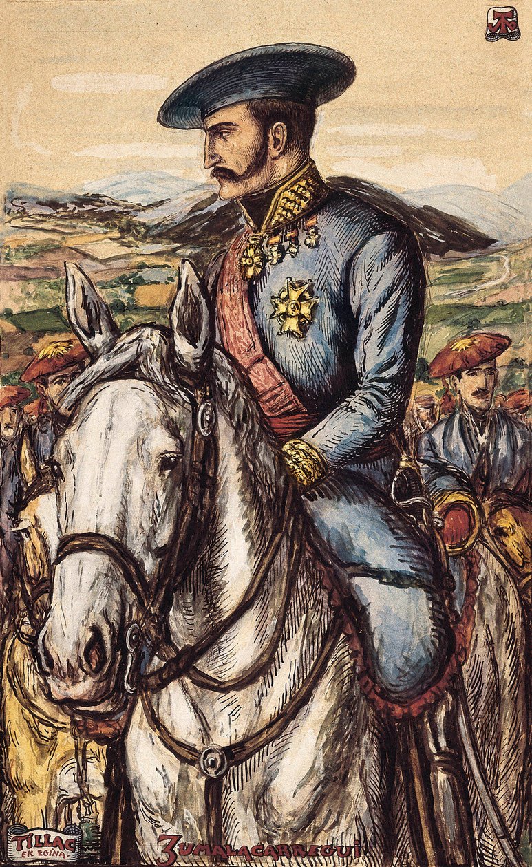 Porträtt av Tomas Zumalacarregui (1788-1835), en militärmedlem i Carlistarmén under första kriget (1833-1840) (litografi) av Spanish School
