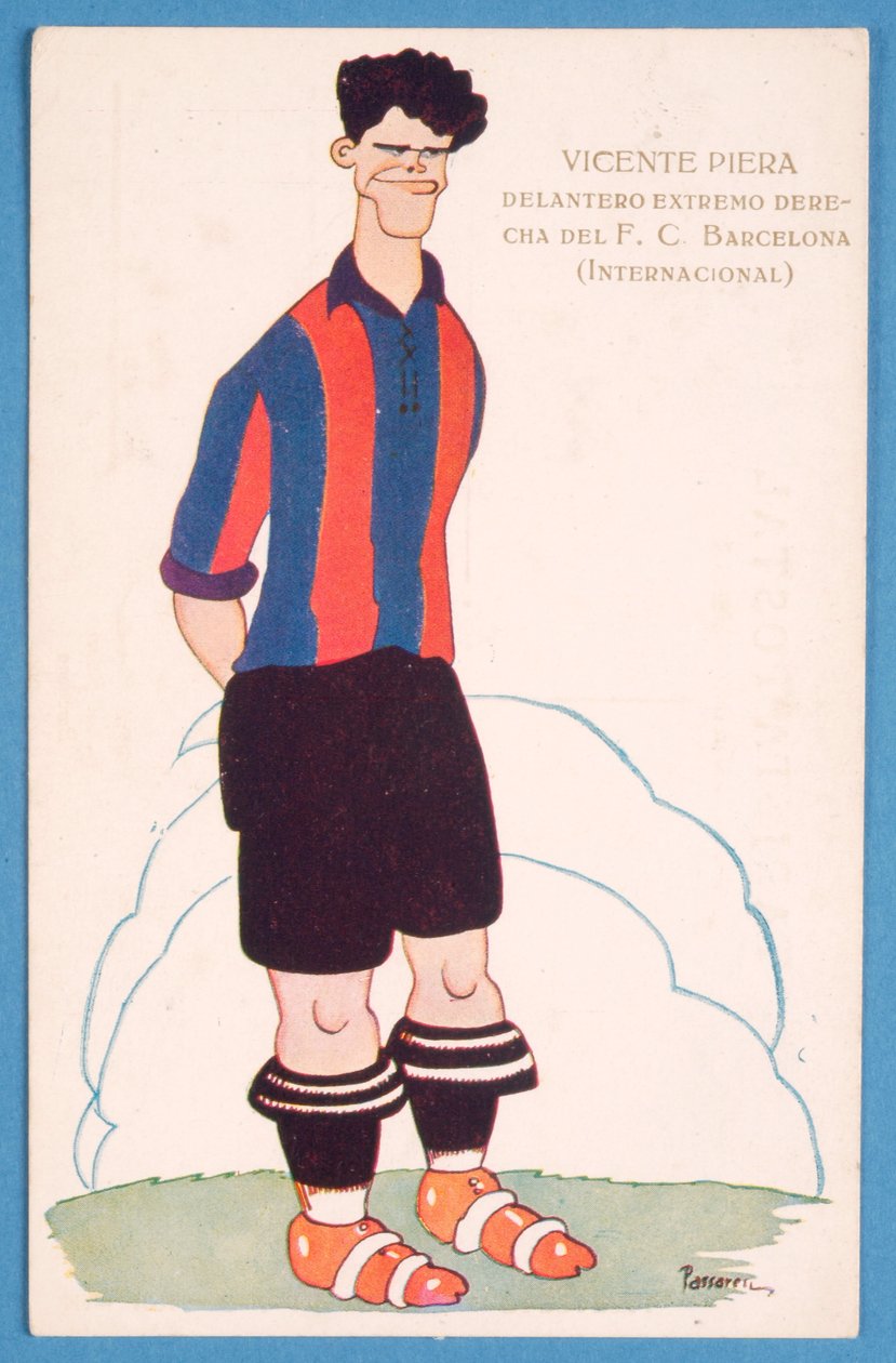 Vykort som föreställer en karikatyr av den spanska fotbollsspelaren Vicente Piera från Barcelona av Spanish School