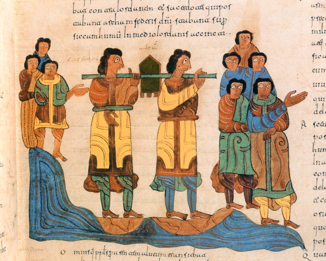Präster bär förbundsarken över floden Jordan, 2 Mosebok 16:6, från den visigotisk-mozarabiska bibeln från St. Isidores, fol.90r., A.D. 960 (tempera på veläng) av Spanish School