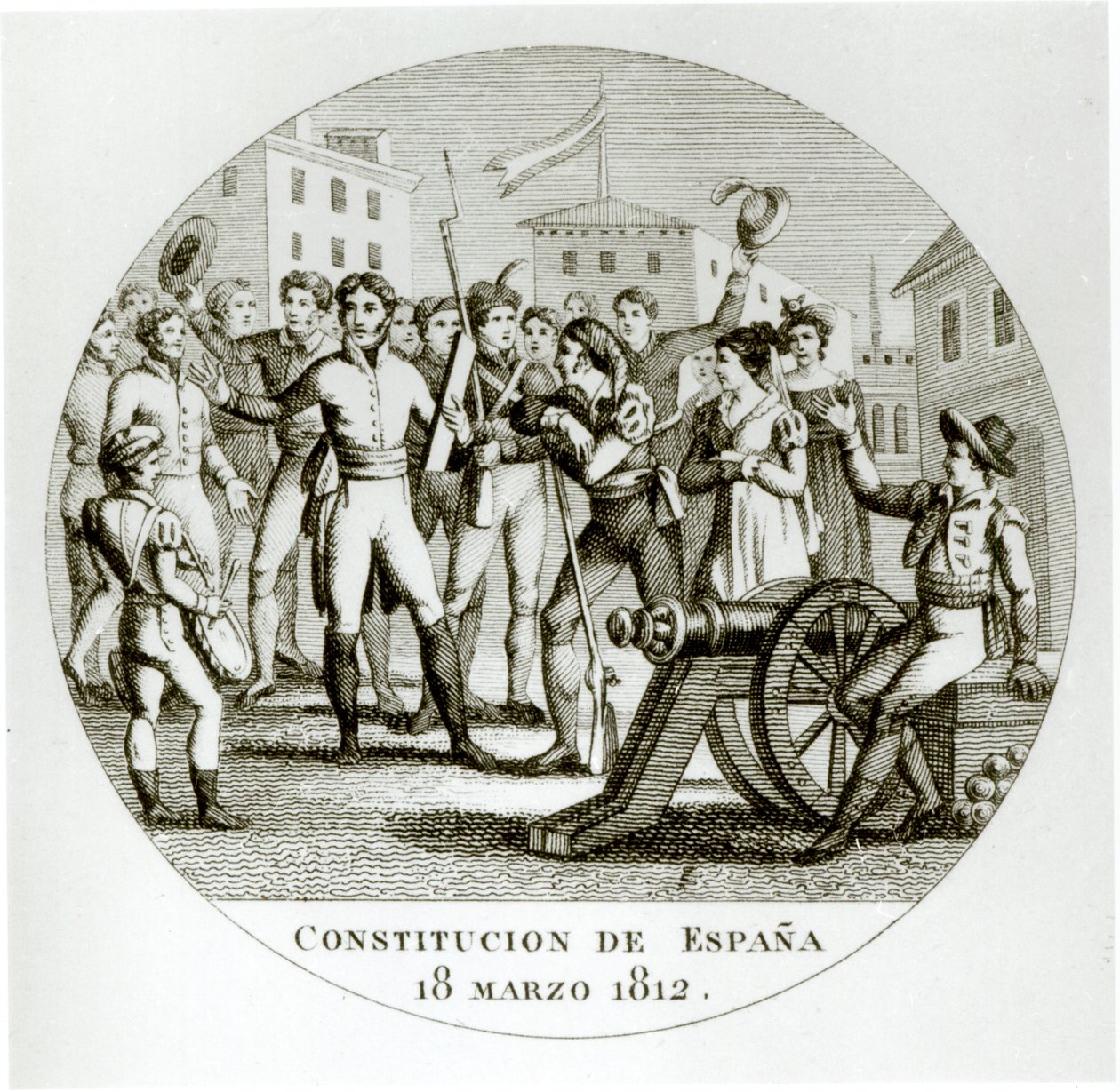 Tillkännagivande av den liberala konstitutionen av den 18 mars 1812, av patrioterna, promulgerad i Cadiz av Cortes av Spanish School