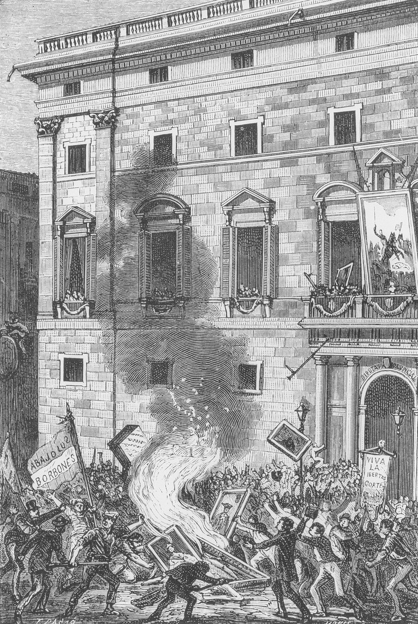 Människor i Barcelona brinnande porträtt av bourbonerna, 1868 (gravyr) av Spanish School
