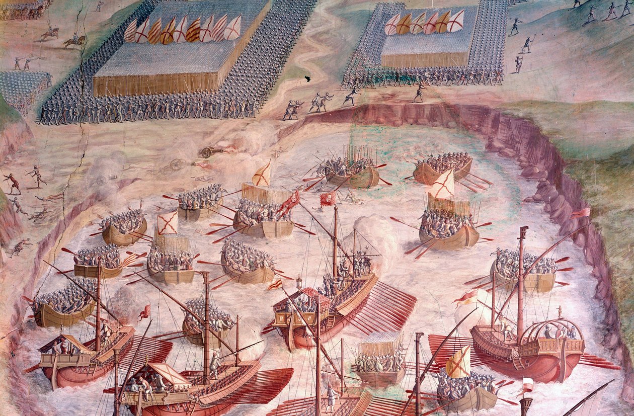 Regatta av spanska galjoner under en expedition till Acores 1582 under Filip II (1527-1598), kung av Spanien. Fresk från 1500-talet. Hall of Battles, Palace of the Escorial, Madrid. av Spanish School