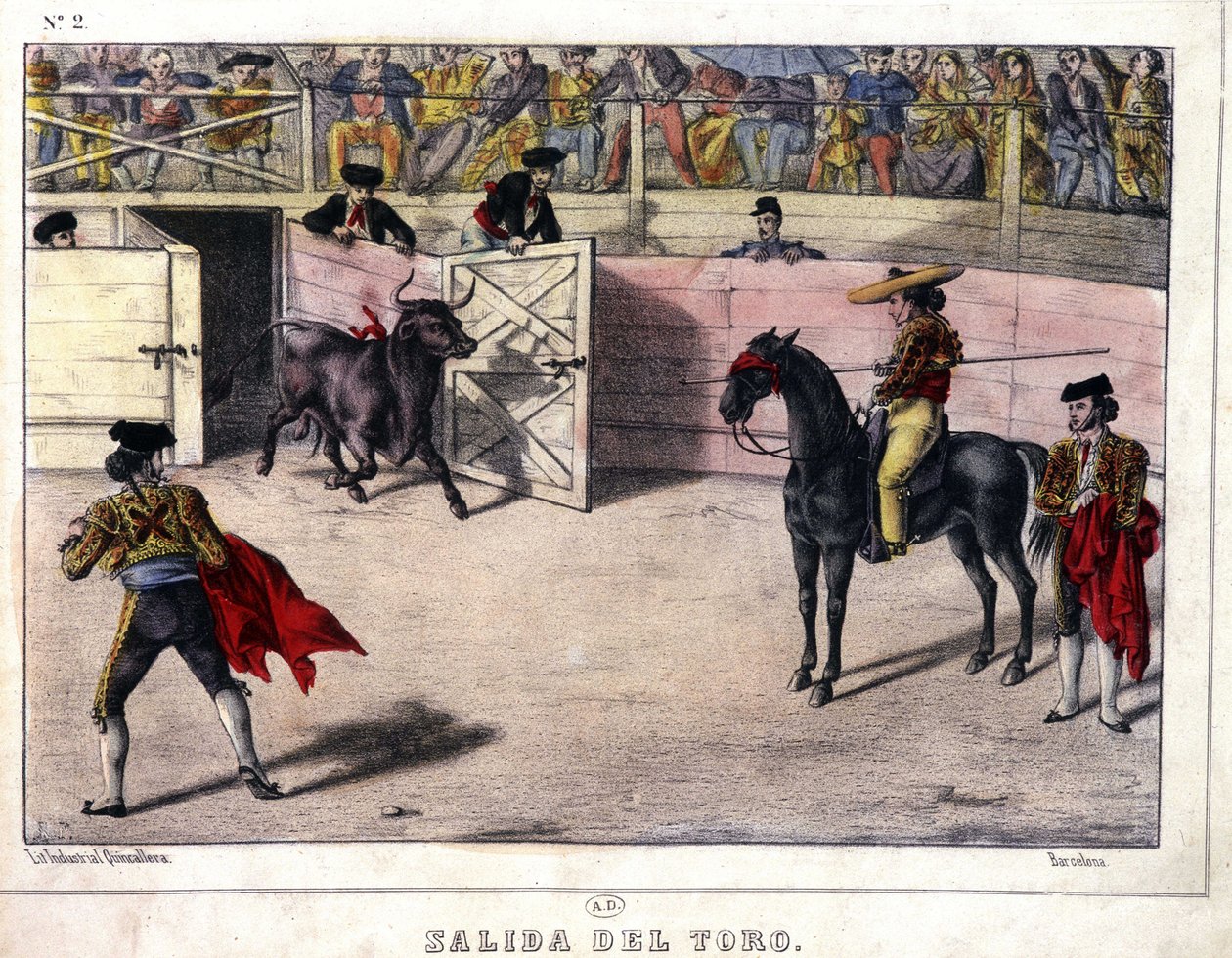 Frisättning av Oxen, tjurfäktning i Spanien, litografi sd. 1800-talet av Spanish School