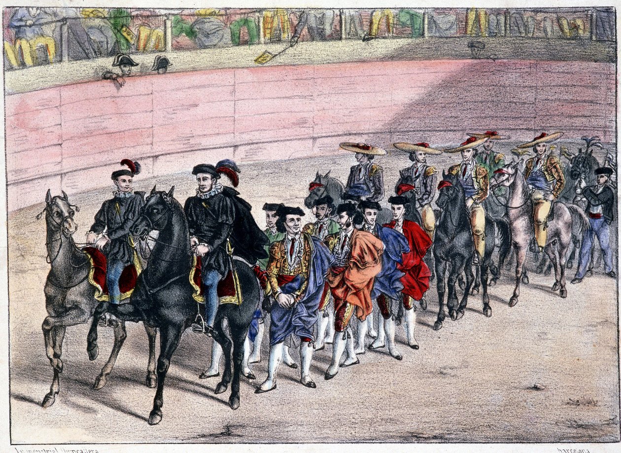 Utgivning av kvadrillen, corrida i Spanien, litografi sd. 1800-talet av Spanish School