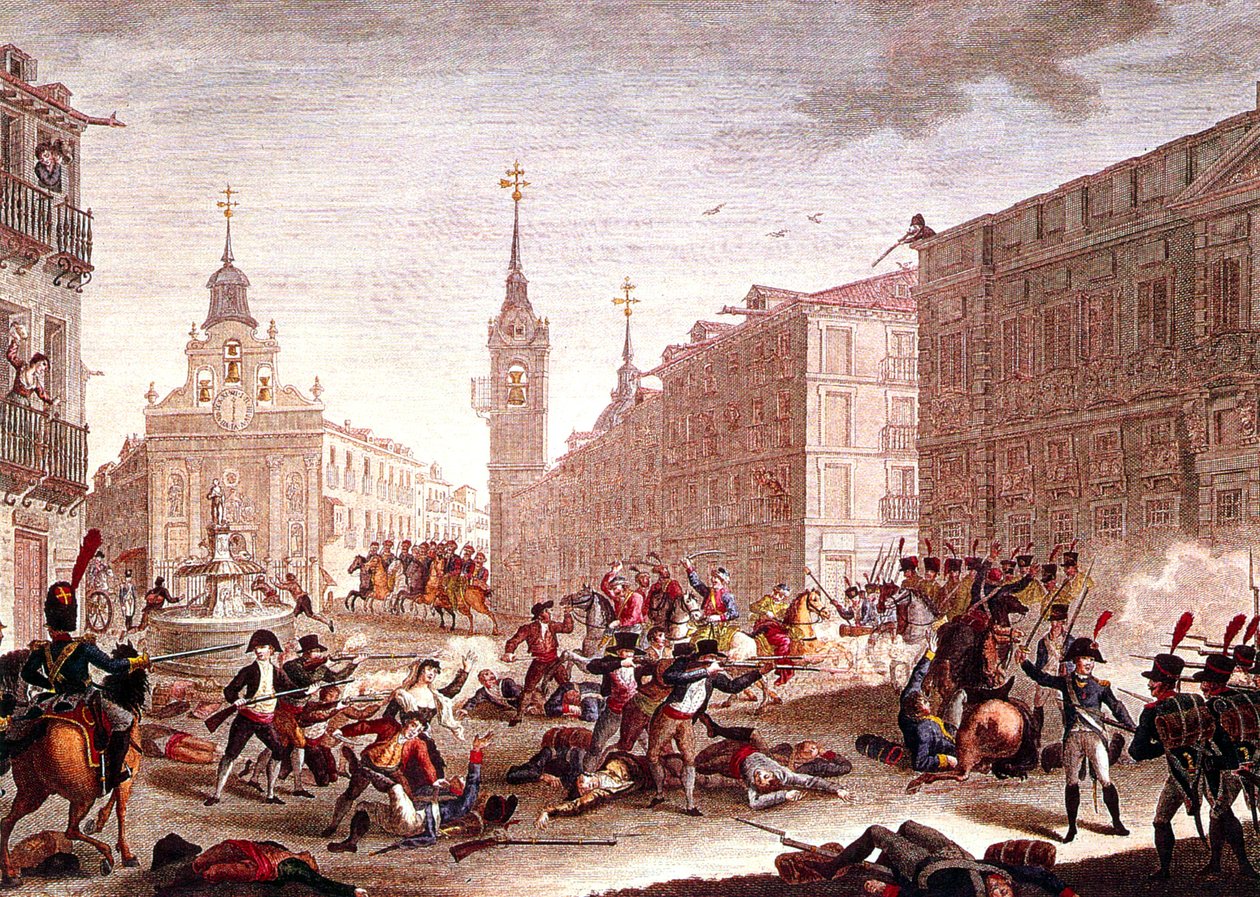 Upplopp mot Napoleons trupper, Madrid, maj 1808 (färggravyr) av Spanish School