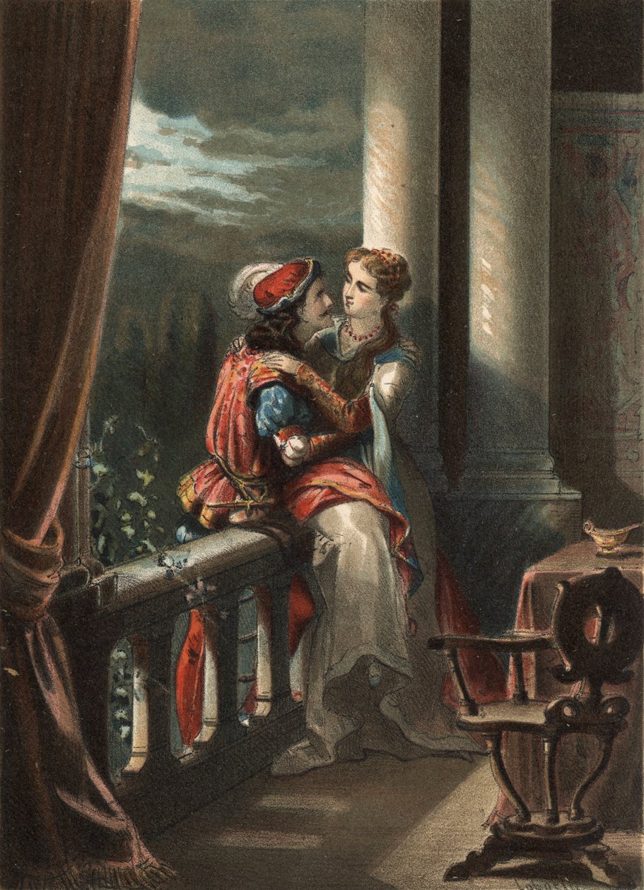 Romeo och Julia, en berättelse av Masuccio Salernitano (Masuccio av Salerno), i slutet av 1400-talet. i "" Skönhetskulten"" av John Just Huguet, Mills Brothers förlag av Spanish School