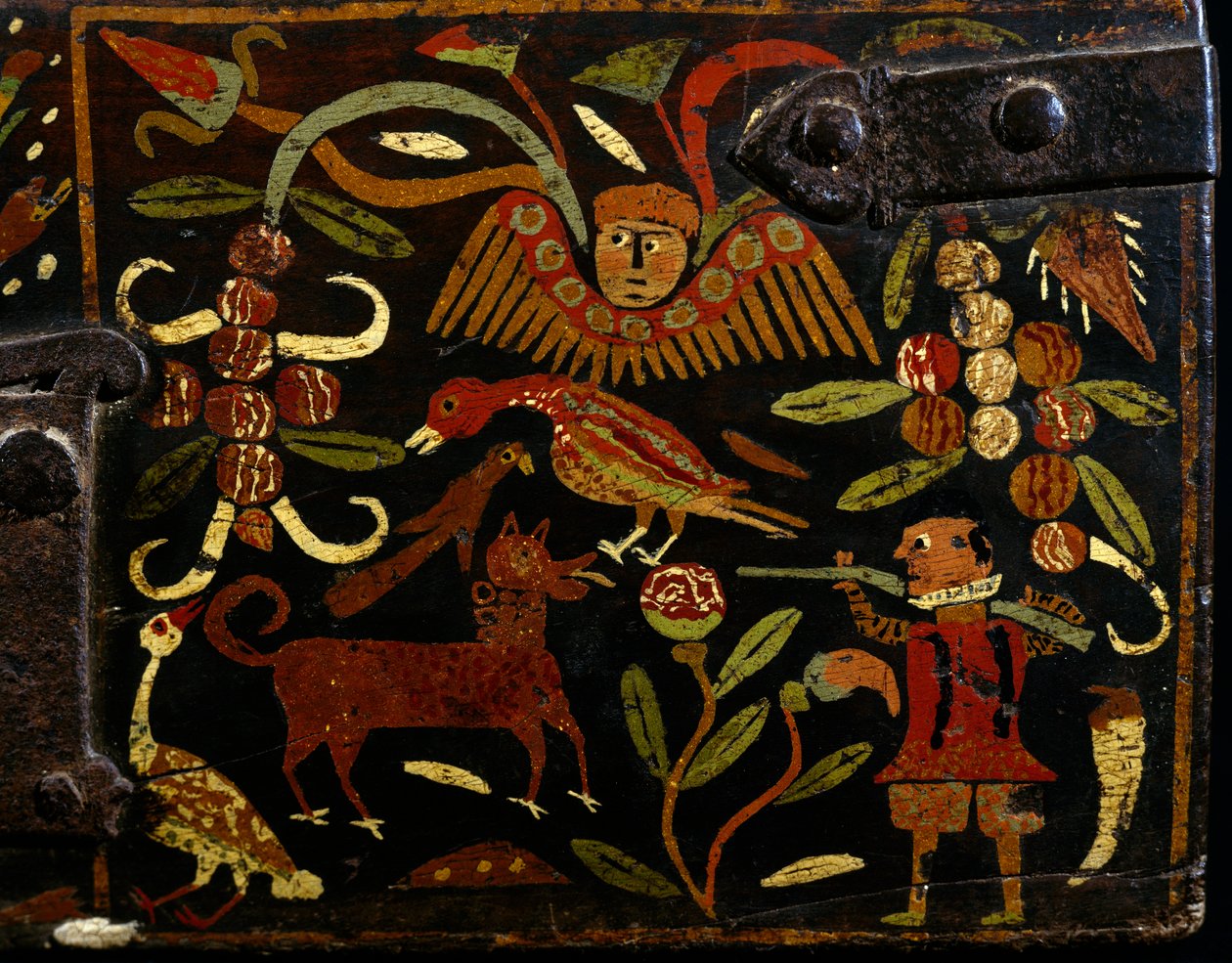 Scen som skildrar spanska jägare och indianmotiv, detalj från målad trästam, kolonialtid, spanskt ursprung, Bolivia av Spanish School