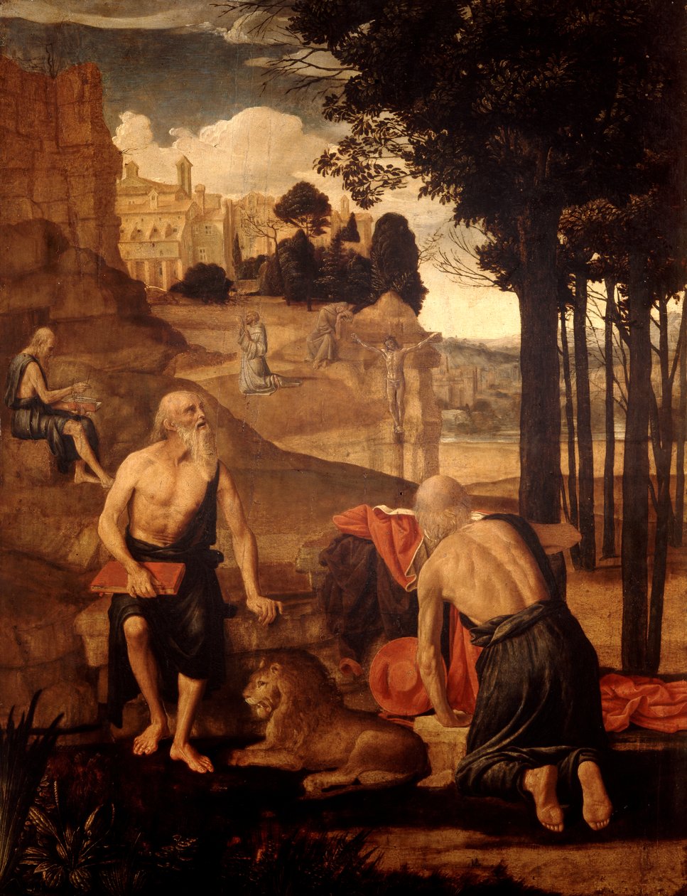 Scener ur St. Hieronymus liv; St Francis i extas med broder Leo av Spanish School